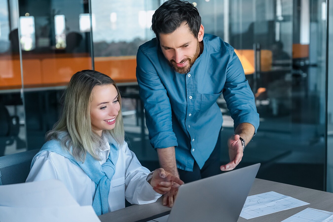 Colleague explaining new software to an employee on a laptop